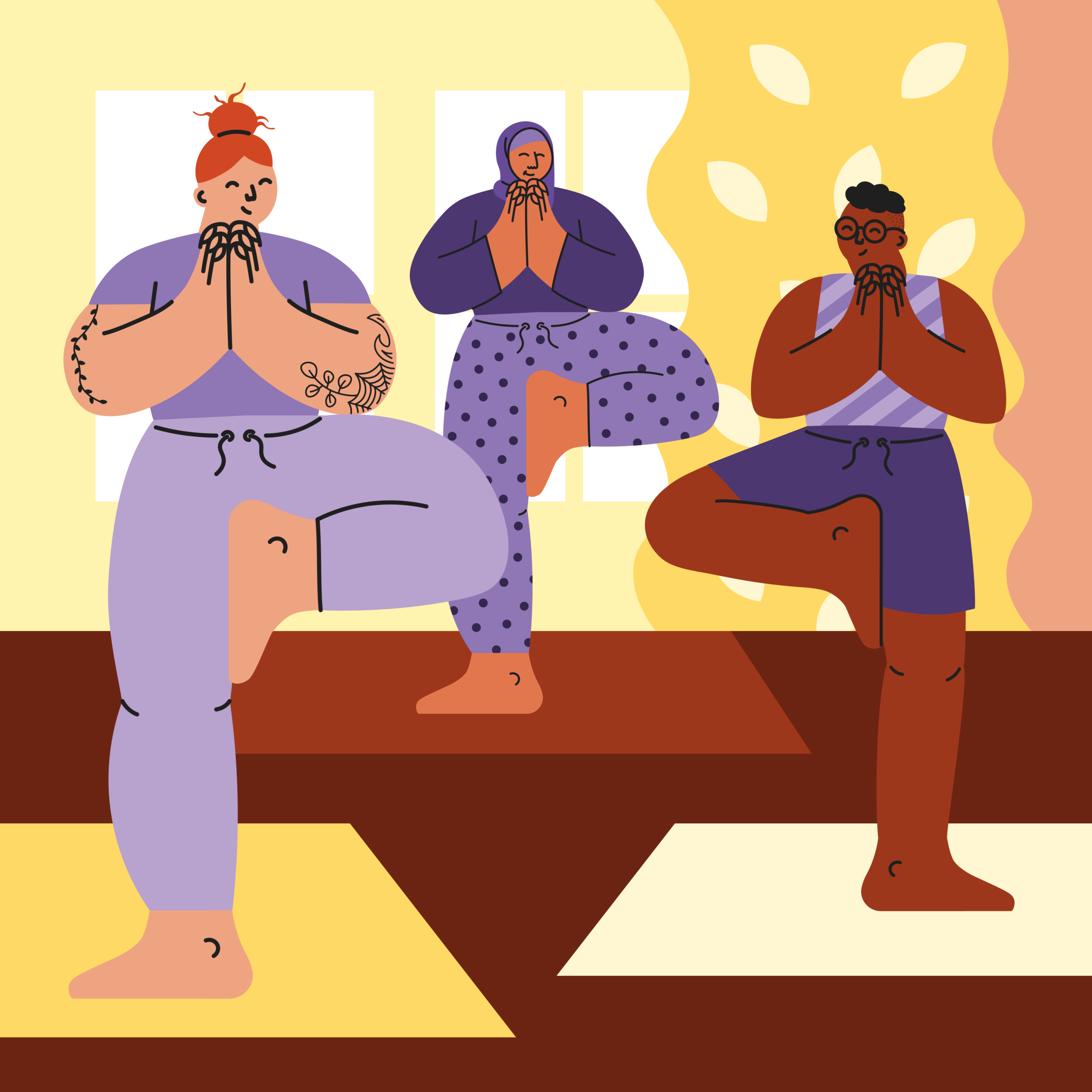 Tre personer som gör yoga och står på ett ben