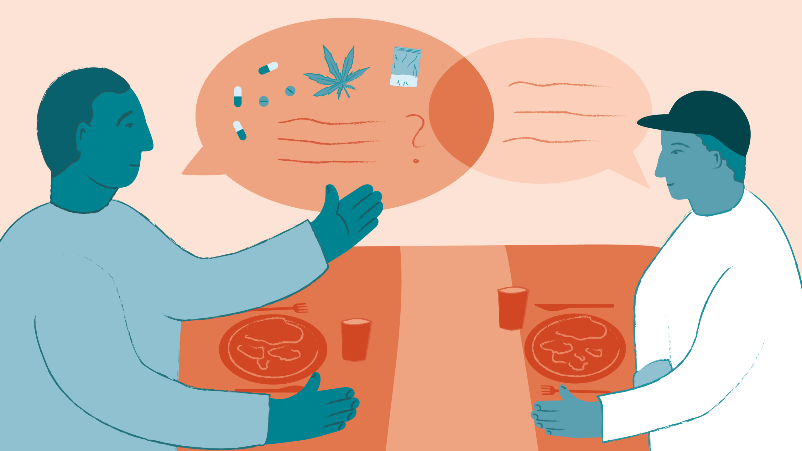 Illustration av en vuxen som pratar med en ungdom om droger