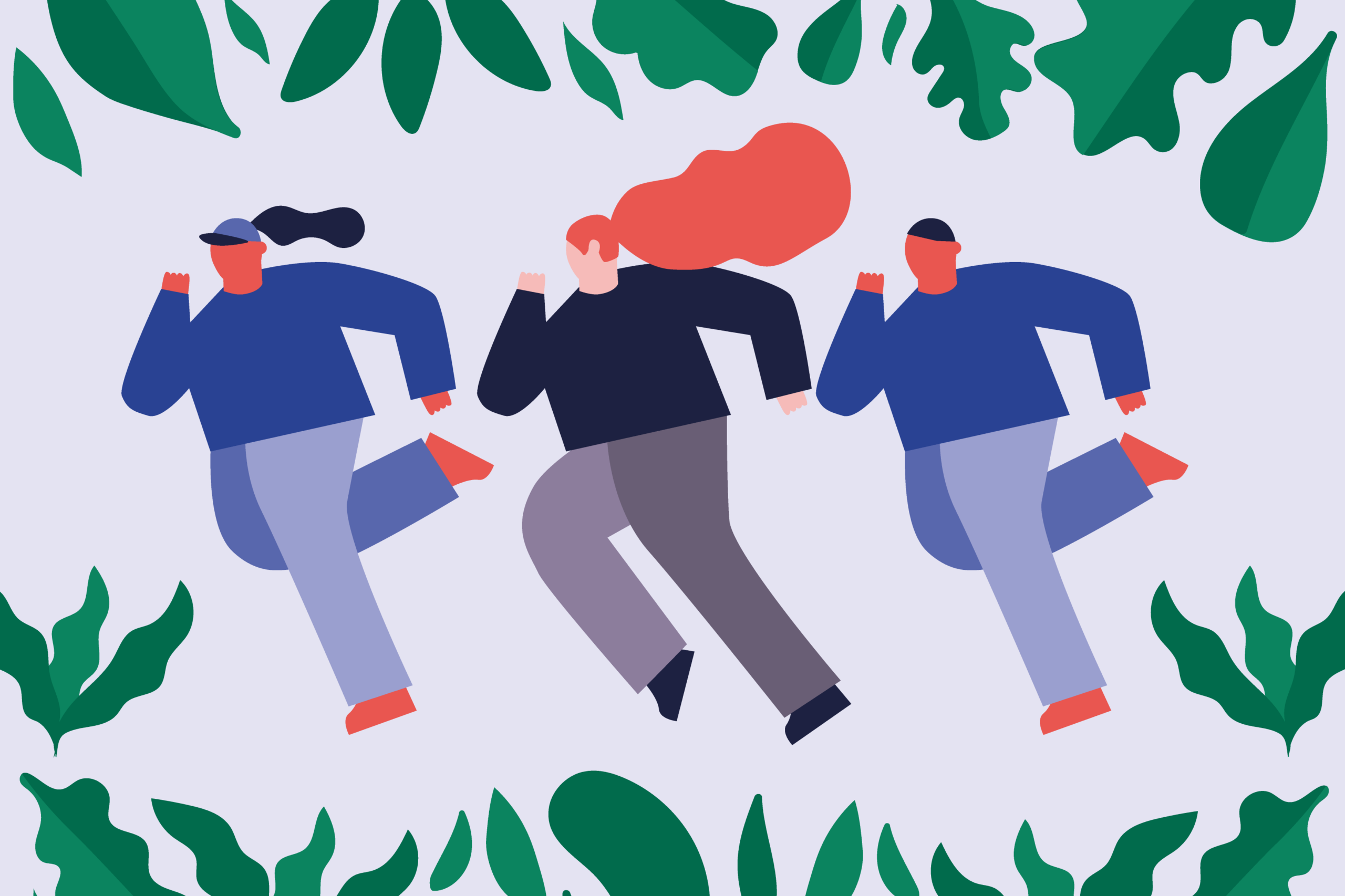 Illustration av tre personer som springer