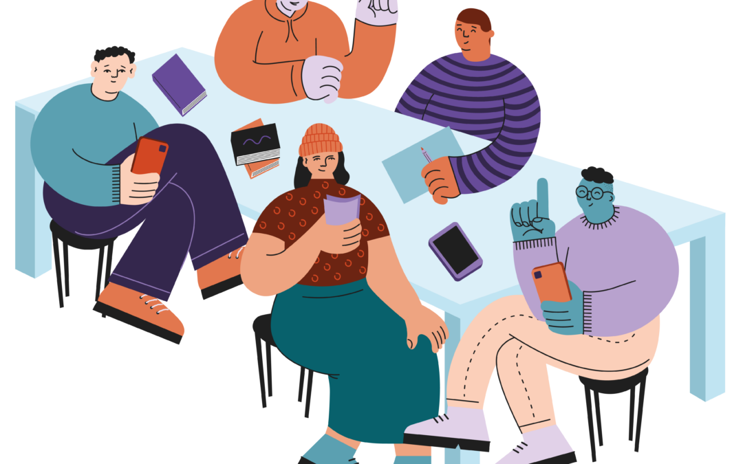 Illustration av ungdomar som sitter vid ett bord med mobilen, papper och penna