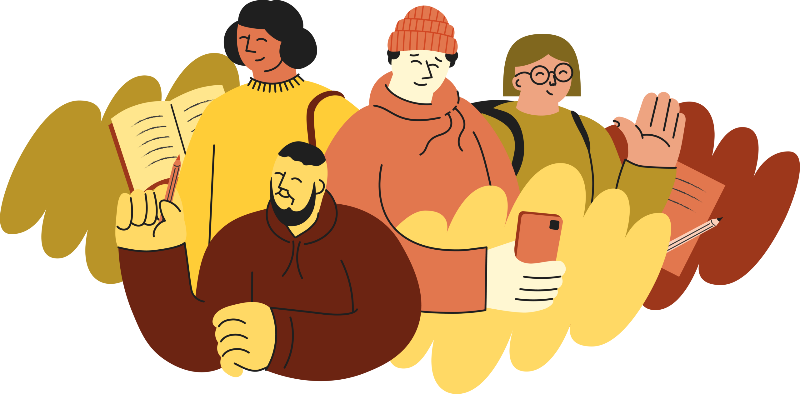 Illustration av fyra personer där pennor, papper och en mobil syns