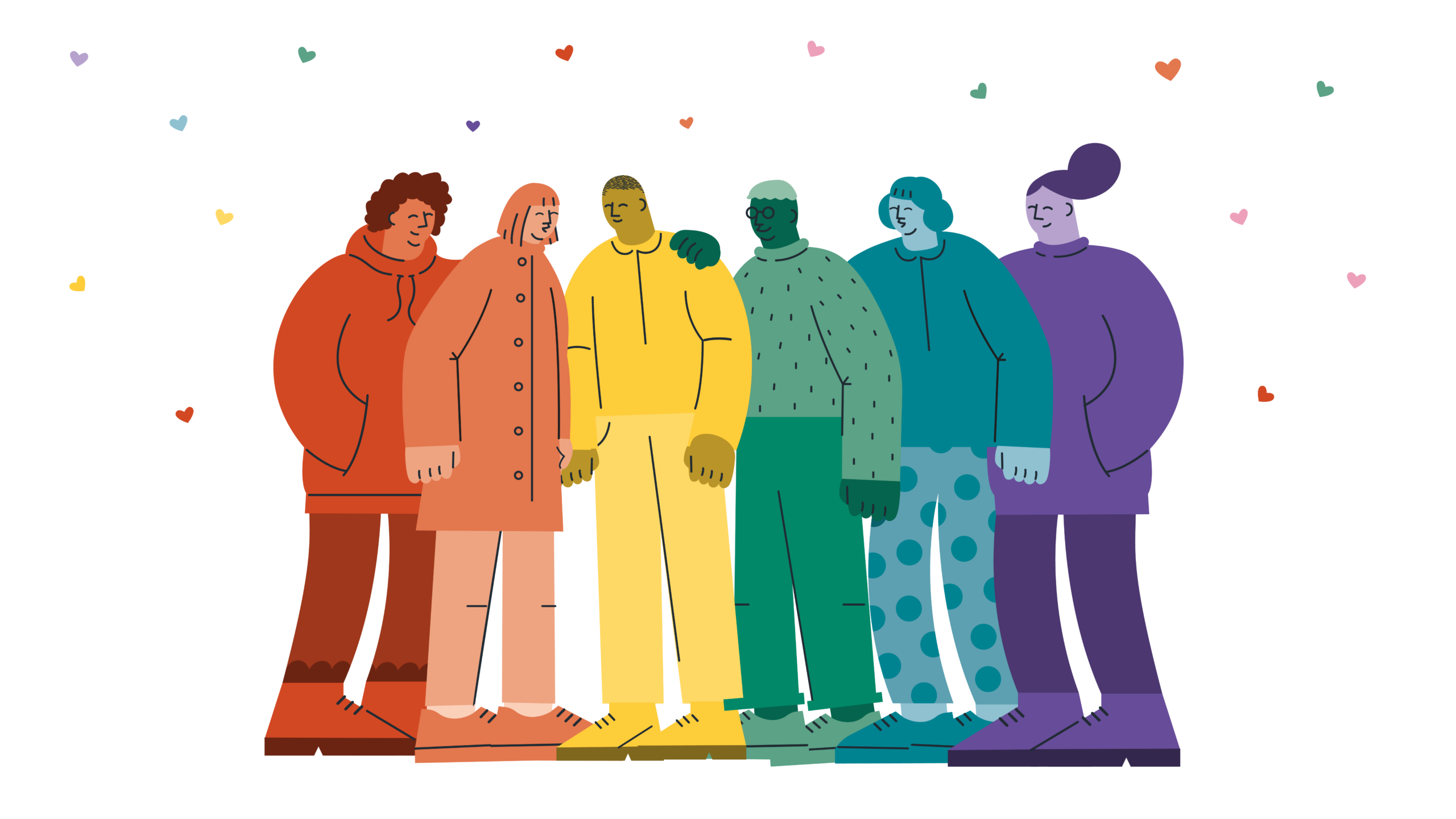 Illustration av Rebecca Wahl med fem personer i färger som representerar regnbågen