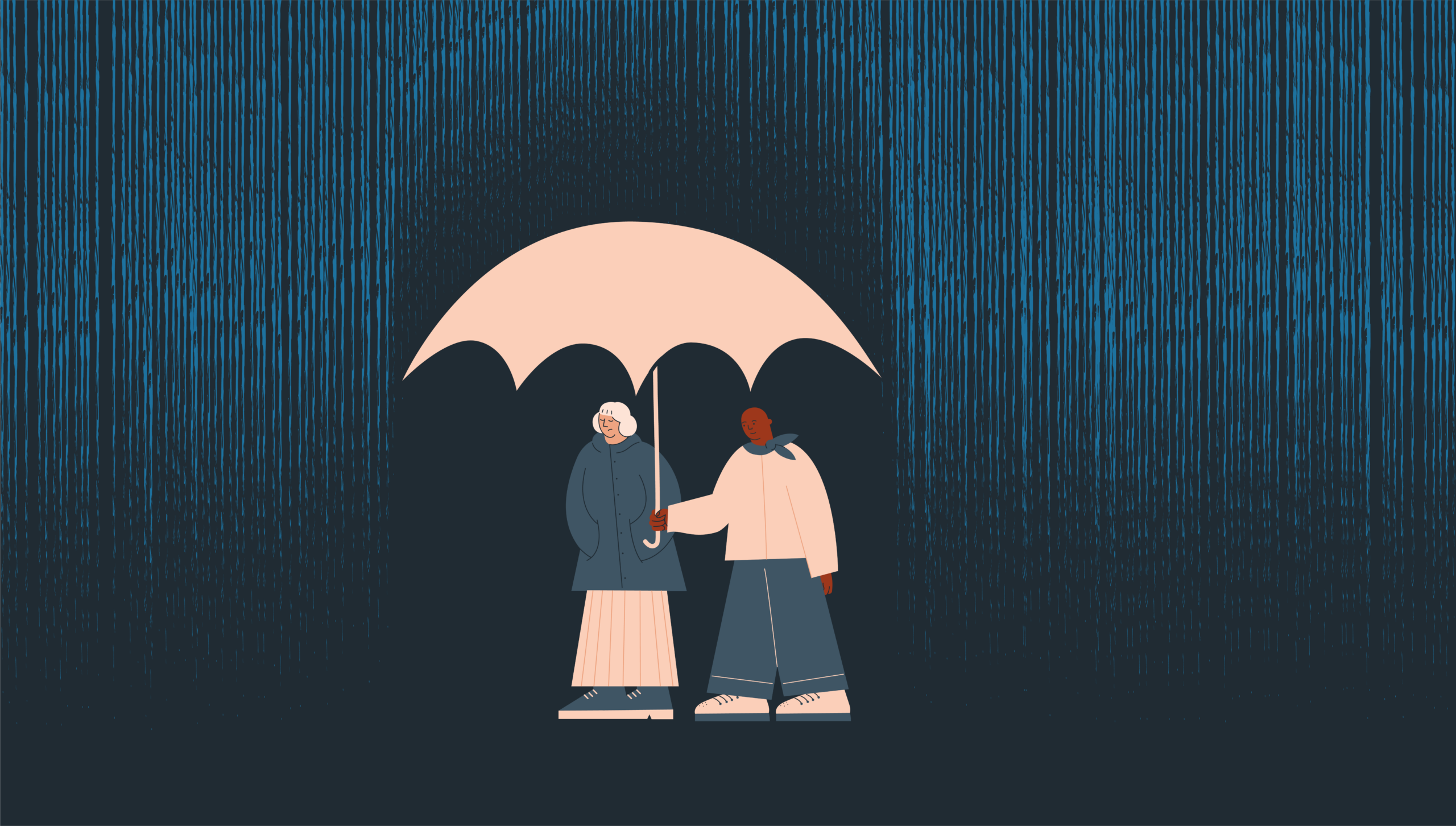 Illustration av en person som hjälper en annan person genom att hålla ett paraply över när det regnar