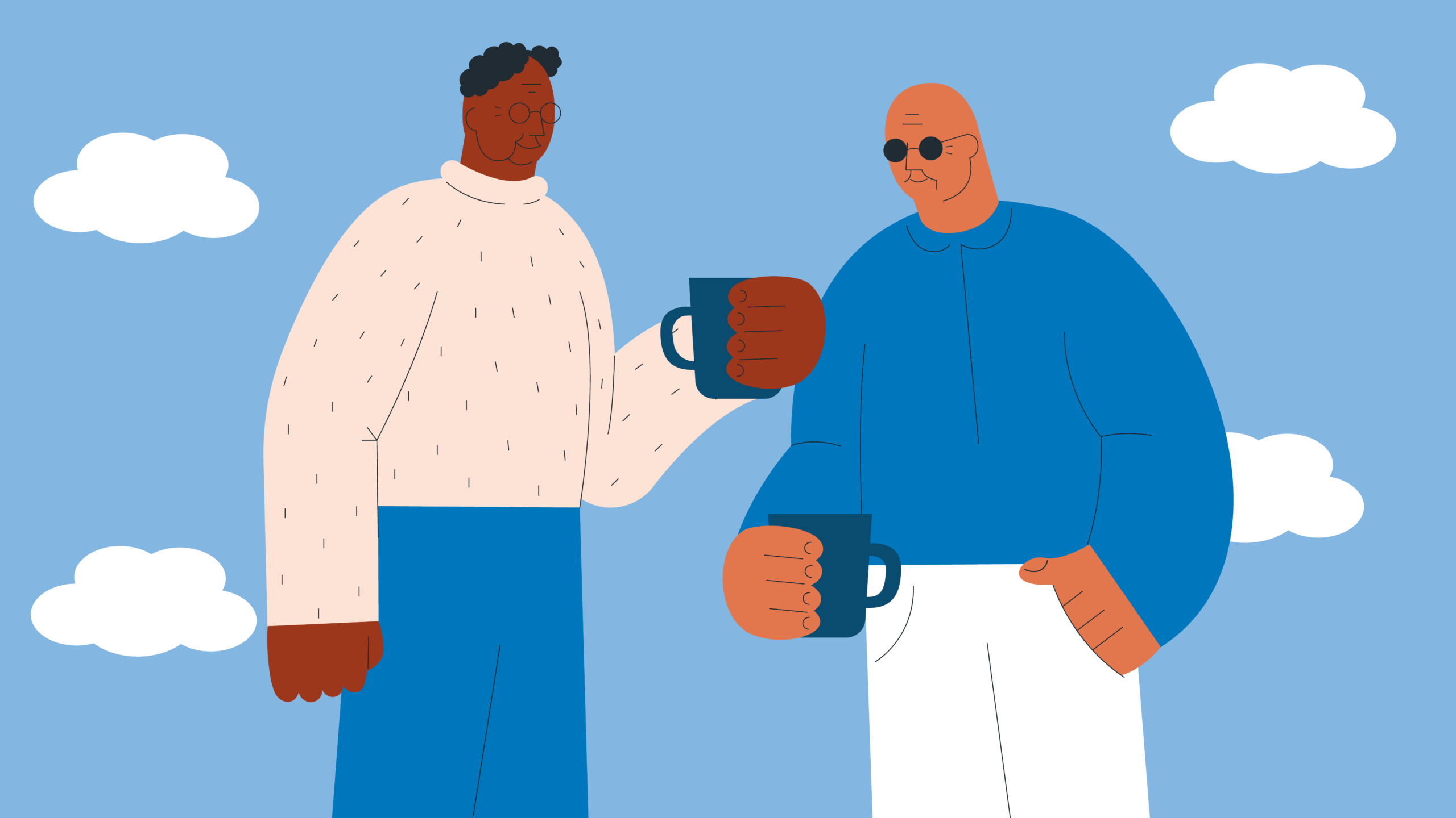 Illustration av en yngre och en äldre person som håller i varsin kaffekopp